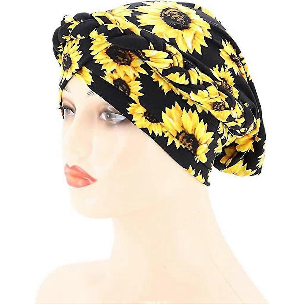Milk Silk Print Braided Head Cap Hair Loss Hood Hat Twisted Braid Headwear (Sunflower) - DD01