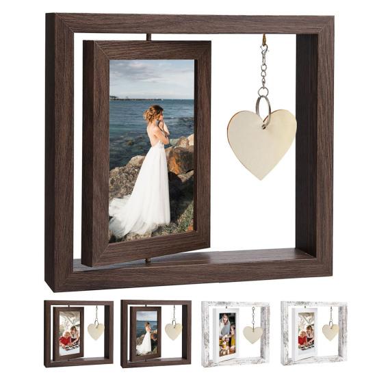 Вращающаяся деревянная фоторамка, двухсторонний держатель для фотографий с подвеской в виде сердца, настольная отдельно стоящая фоторамка