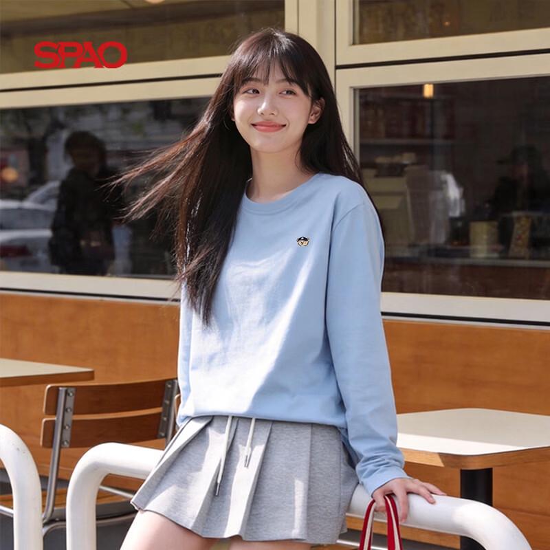 Женская повседневная хлопковая футболка SPAO с длинным рукавом и вышивкой медведя