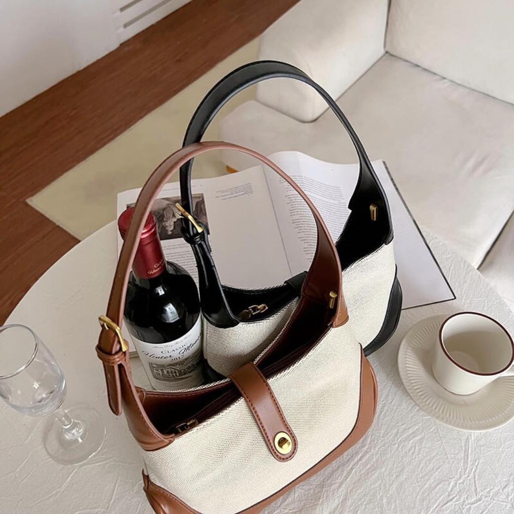 Shoulder Bag Handbag PU Leather Canvas Handbag Western Style Retro Black Brown [INTERLINKS JAPAN] Women's (Black)