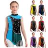 Kids Figure Skating Leotard Color Block Sleeveless Mock Neck Keyhole Back Shiny Rhinestones Tassels Bodysuit for Dance