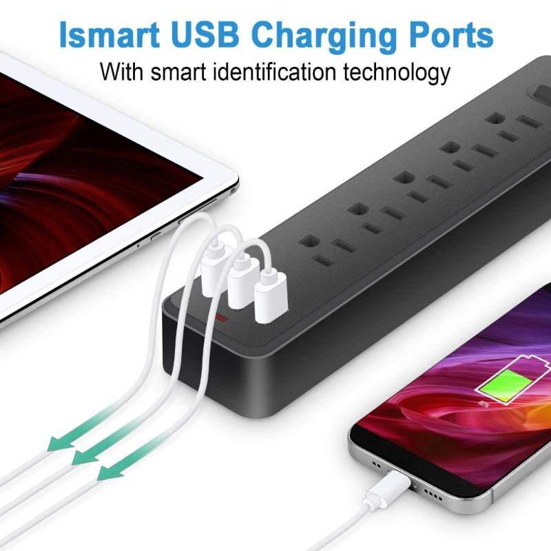 Настенная электрическая розетка с 5 не заземленными гнездами и 3 USB-портами для домашнего офиса, длина шнура 1,2 м