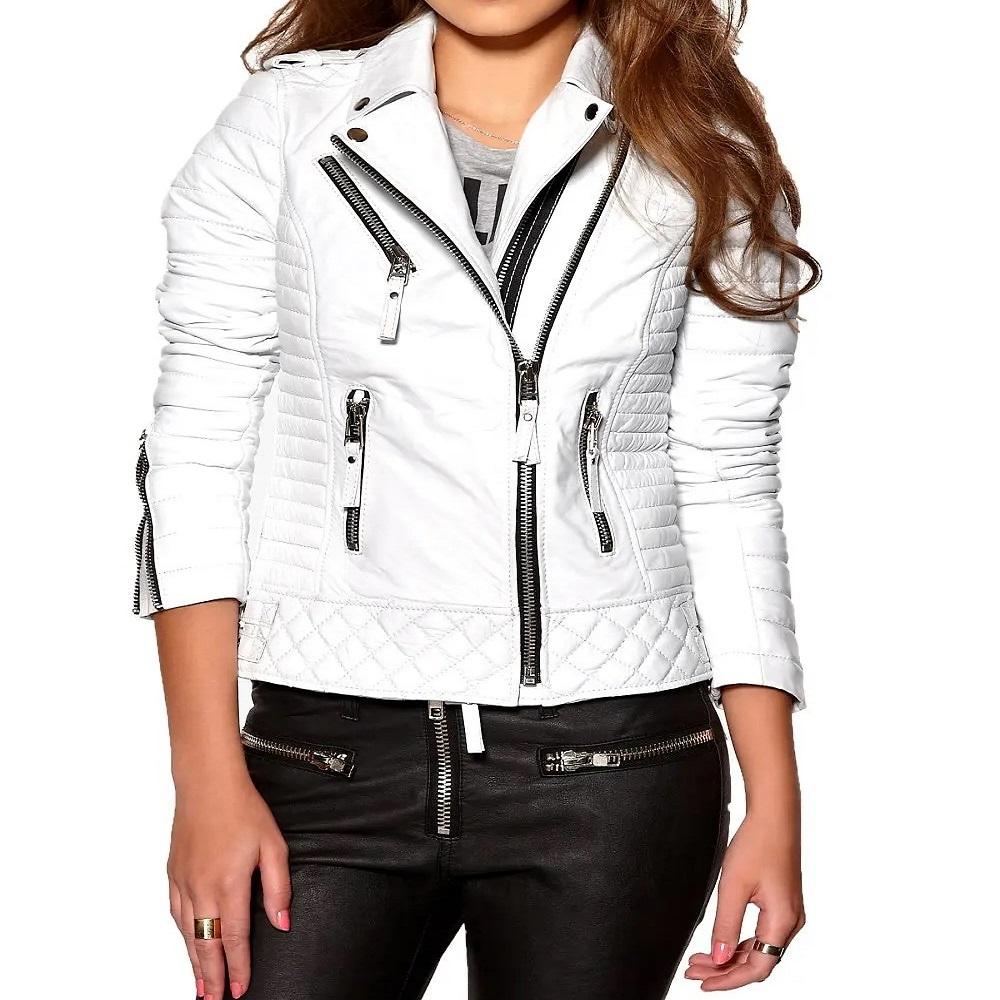 Women's White Lambskin Leather Slim Fit Jackets | Long Sleeve & Zipper Motorcycle Style Leather Jacket