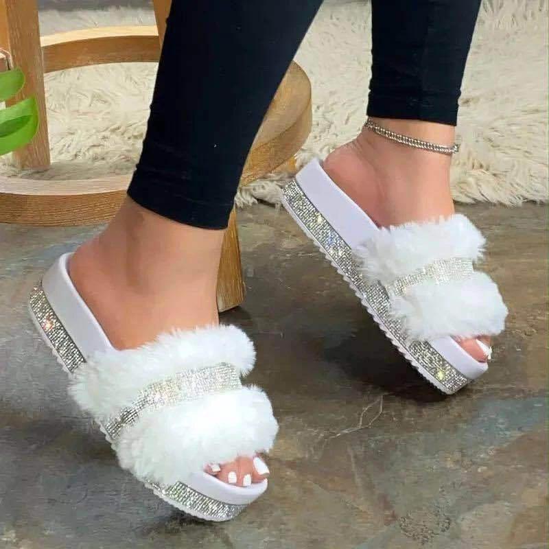 Luxury Designer Women Fur Rhinestone Slippers Platform Wedges Heel Solid Fluffy Furry Slides Outside Sexy Shoes Wedges Slippers