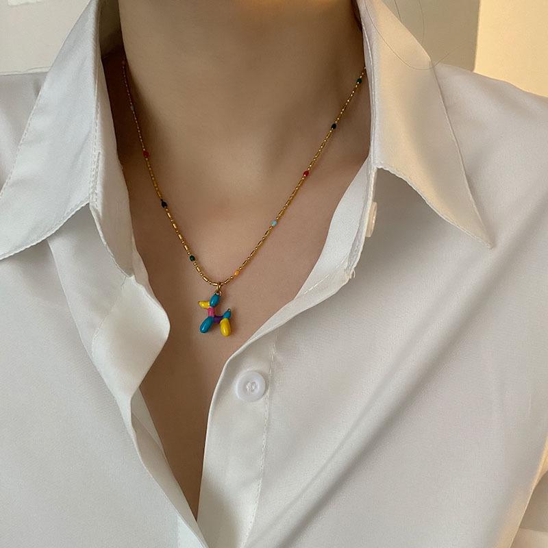 Корейский стиль Подвеска-чокер в виде собаки из воздушных шаров - Милый трехмерный эмалевый дизайн из титановой стали