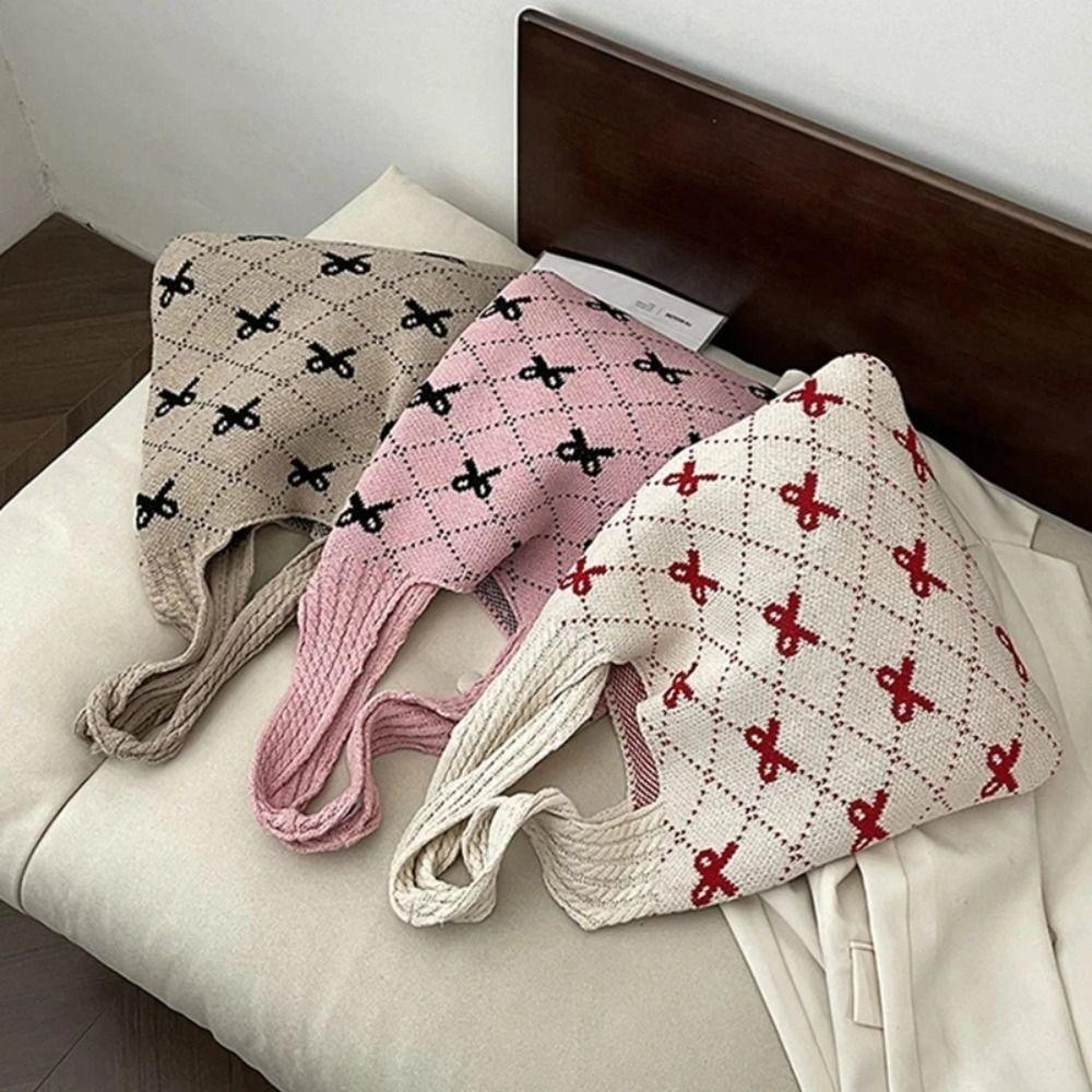 Large Capacity Bow Knitting Shoulder Bag Sweet Casual Woven Handbag Simple Shopping Bag Picnic