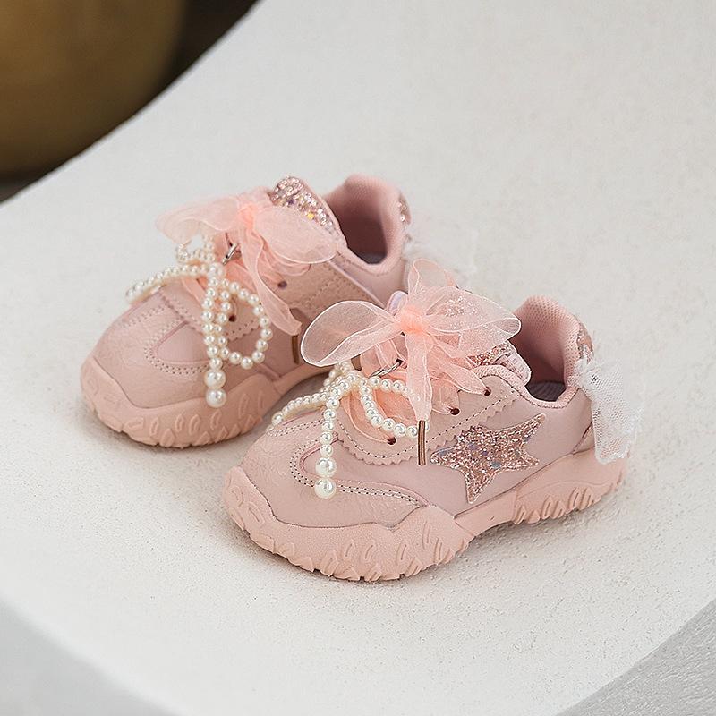 Children's Princess Sneakers for Spring and Summer, Girls' Mesh Bowknot Pearl Casual Shoes, White Shoes