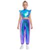 Girls Hip-Hop Dance Costume Mock Neck Rhinestone Mesh Patchwork Sleeveless Metallic Ruffle Top Paired with Shiny Cargo Pants for Competition