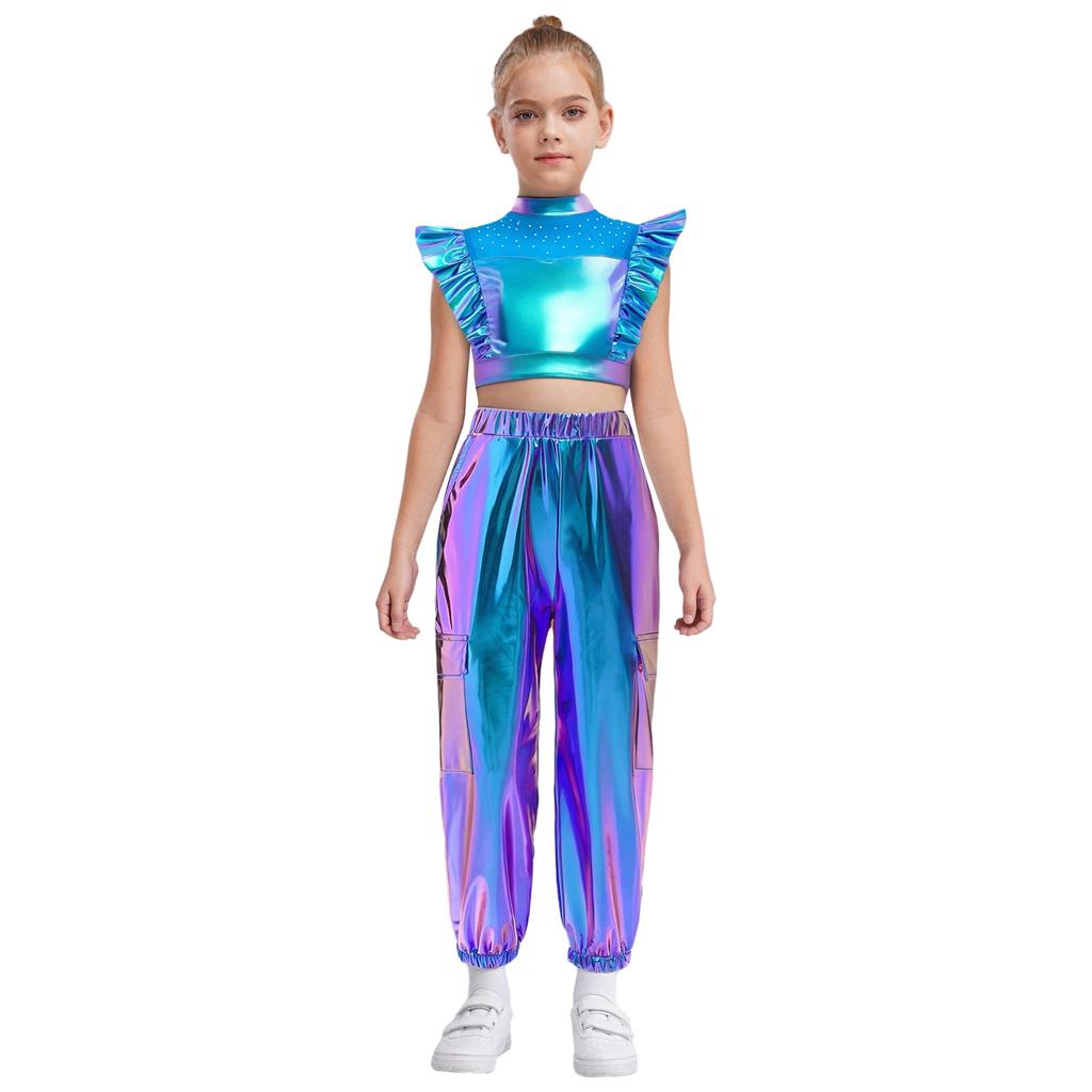 Girls Hip-Hop Dance Costume Mock Neck Rhinestone Mesh Patchwork Sleeveless Metallic Ruffle Top Paired with Shiny Cargo Pants for Competition