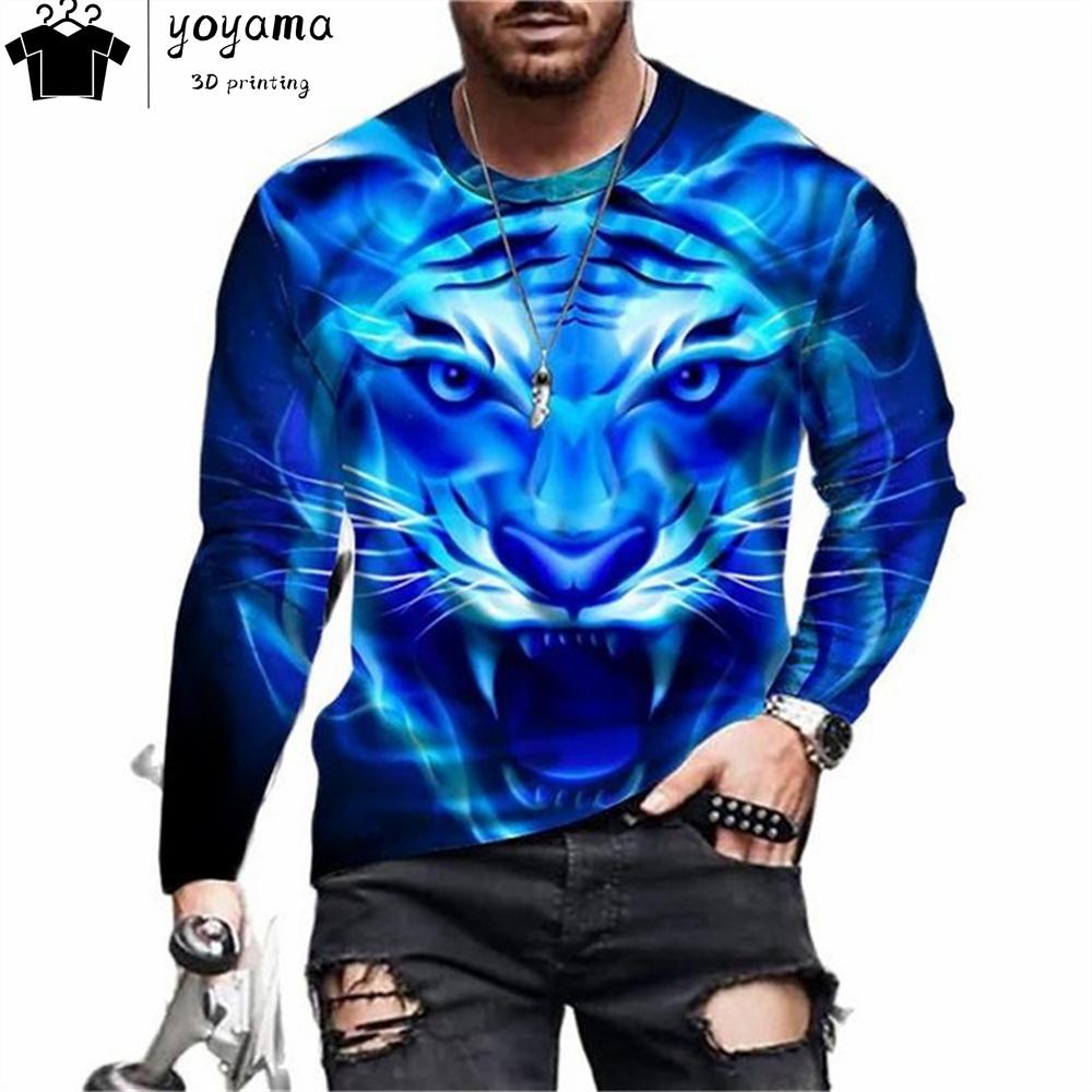Футболки с принтом тигра Мужская одежда Модная мужская футболка с круглым вырезом и длинным рукавом Повседневная свободная мужская одежда с принтом тигра Топы