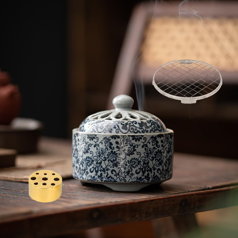 Стильная керамическая подставка для благовоний с крышкой, сеткой из нержавеющей стали и негорючим листом. Набор благовоний со спиральными благовониями. Идеально для буддийских алтарей,