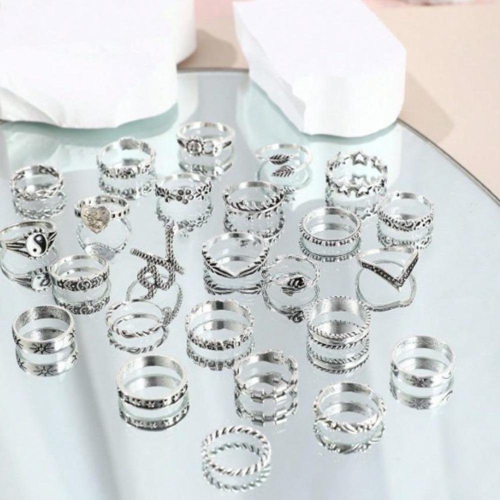 European and American 25-piece Ring Set, Snake Elephant Dripping Oil Gossip Love Leaves Small Flowers Geometric Joint Ring Female