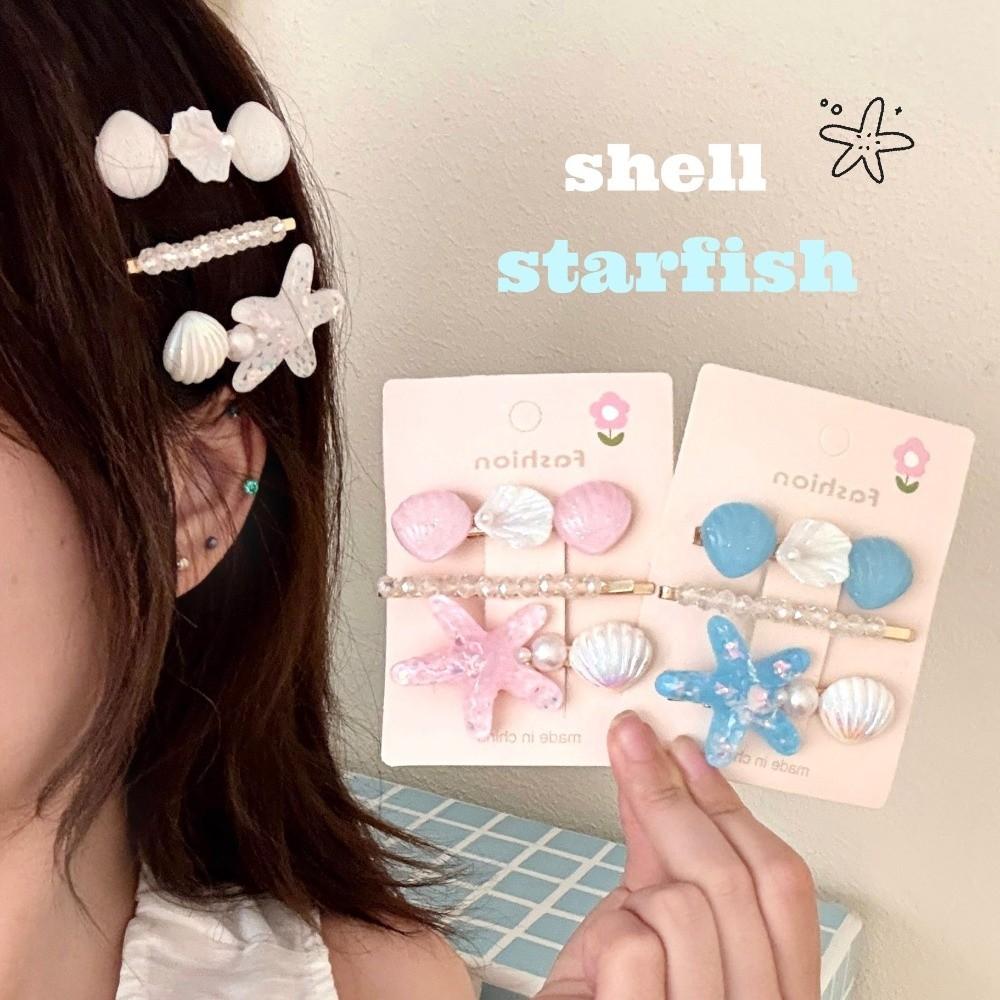 3pcs/Set Ocean Series Shell Starfish Hair Clips Pearl Barrette Princess Headdress  Hair Accessories