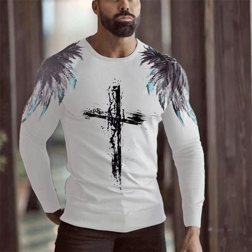 Spring and Autumn Round Neck 3D Cross Printed Top Fashionable Casual Vintage Christian Long Sleeved Men's T-shirts