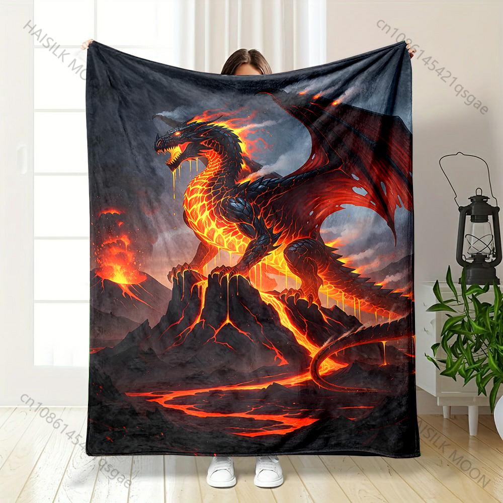 Lava dragon with erupting volcano Print Blanket Warm Soft Suitable for All Seasons for Home Sofa Travel Camping Picnics RV