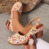Ladies' Retro Round Toe Shallow Mouth Fashionable Printed Thick Heel High-heeled Single Shoe with A Straight Buckle Strap