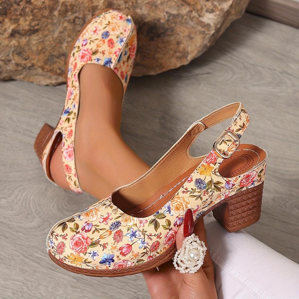 Ladies' Retro Round Toe Shallow Mouth Fashionable Printed Thick Heel High-heeled Single Shoe with A Straight Buckle Strap