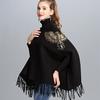 Bat Sleeve Turtleneck Knitted Sweater Poncho Female Fashion Embroidery Tassel Mid-length Sweater Poncho Pullover Women Spring
