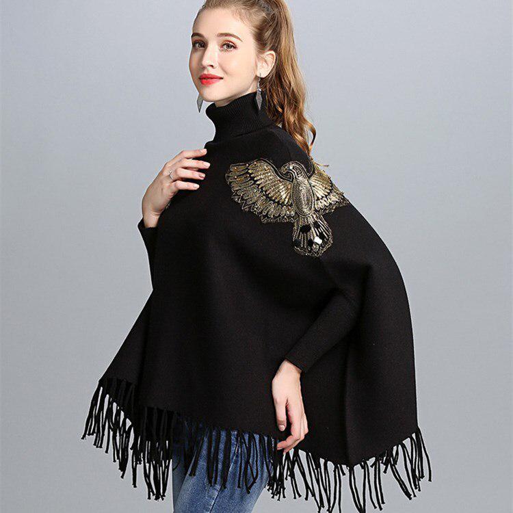 Bat Sleeve Turtleneck Knitted Sweater Poncho Female Fashion Embroidery Tassel Mid-length Sweater Poncho Pullover Women Spring