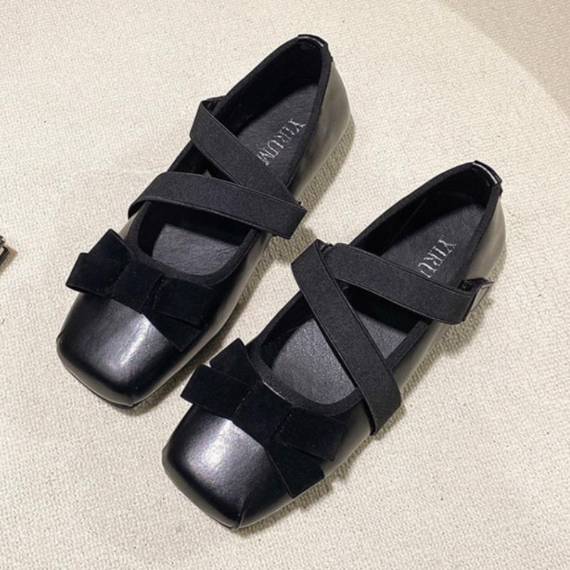 Fashion Flat Shoes Spring New Square Head Shallow Mouth Butterfly Knot Cross with Soft Sole Anti-slip Wear-resistant Single Shoes