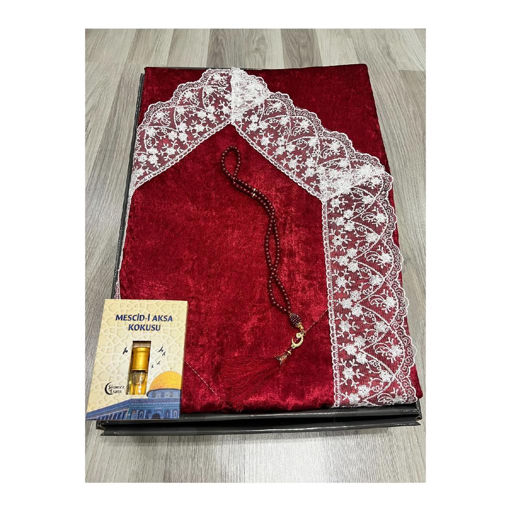 3 Piece Prayer Rug Set, Dowry Bundle Boxed, Velvet Laced Bride And Groom Set