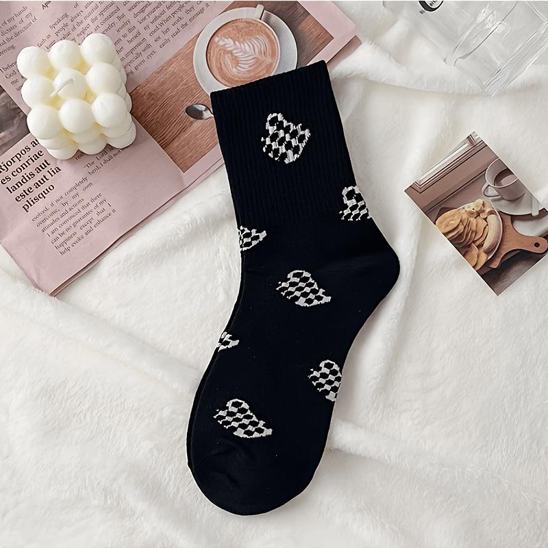5-Pair Women's Korean-Style Vintage Checkerboard Bear Socks - Soft Breathable Mid-Calf Suitable for All Seasons