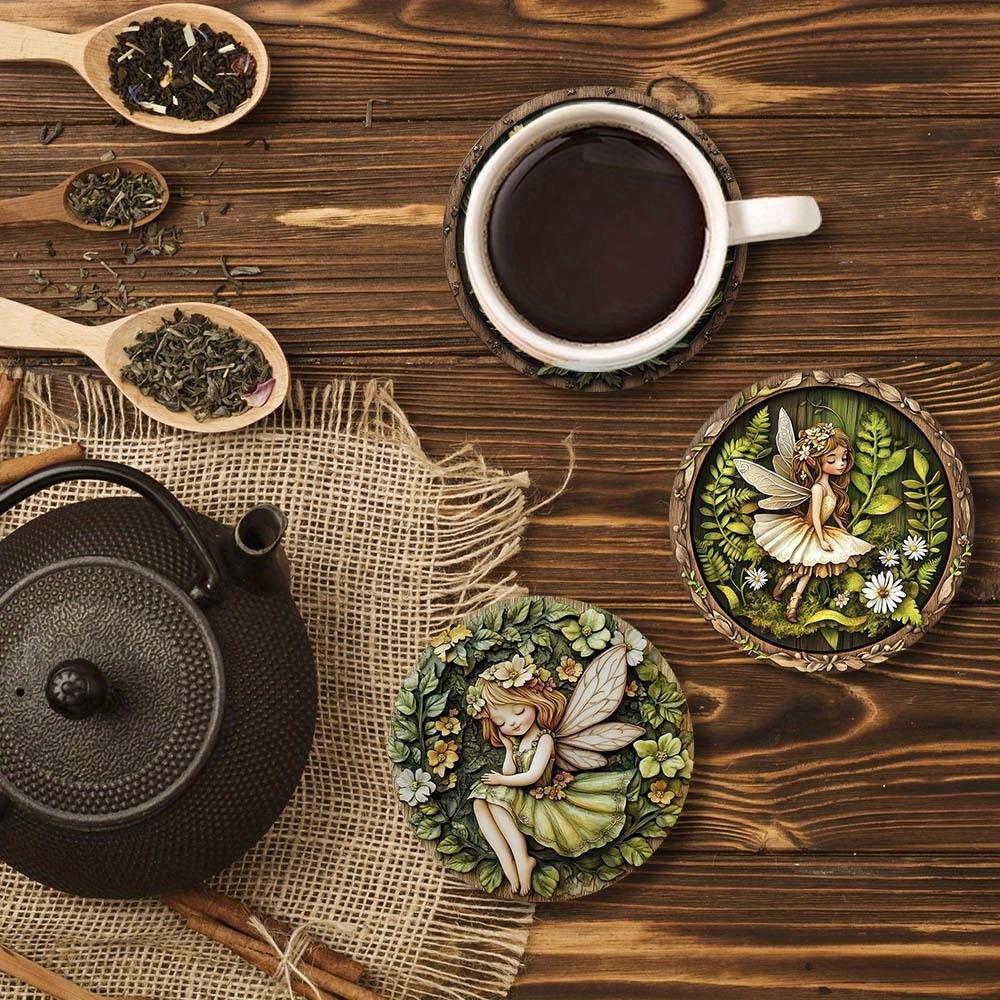 6 Pieces 2D Wooden Coasters Green Elf Pattern Theme Desktop Heat Mats Home Decor Coffee Mug Coasters For Office Restaurant