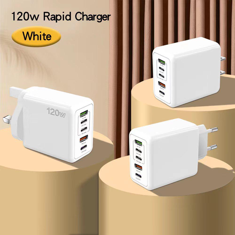 Многопортовое быстрое зарядное устройство 120 Вт, PD+USB, Type-C, EU/US/UK вилка, Совместимо с устройствами Apple.