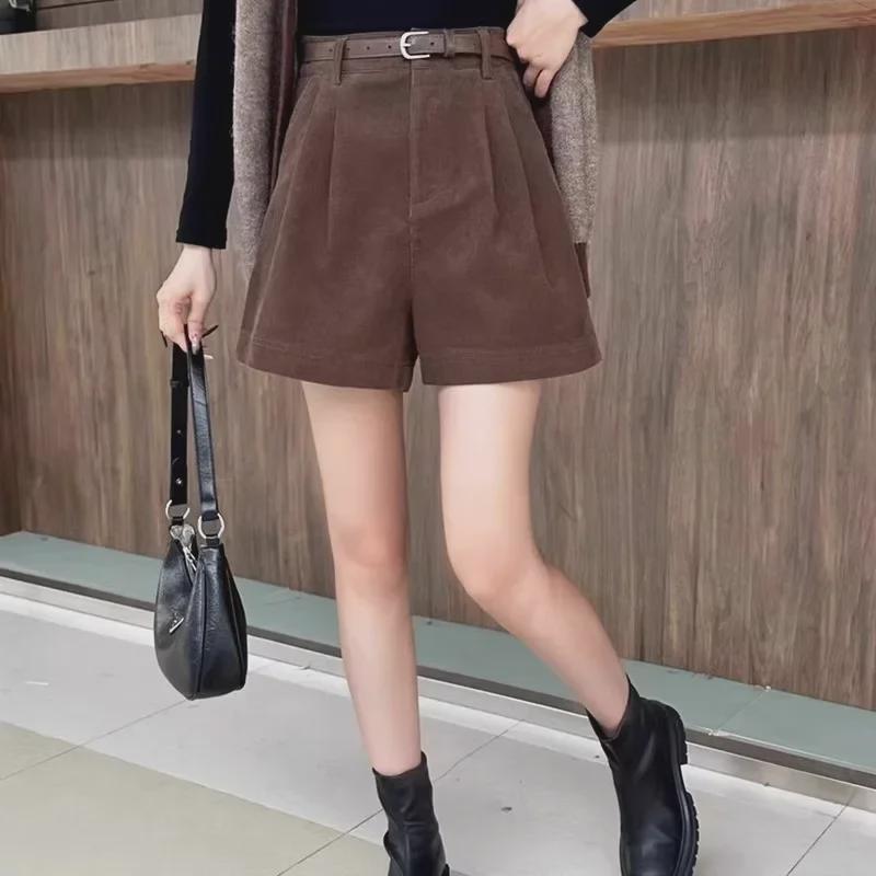 Женские узкие коричневые вельветовые шорты с высокой талией, осень/зима 2023 г. — корейский стиль, широкие штанины, покрой «ботинок»
