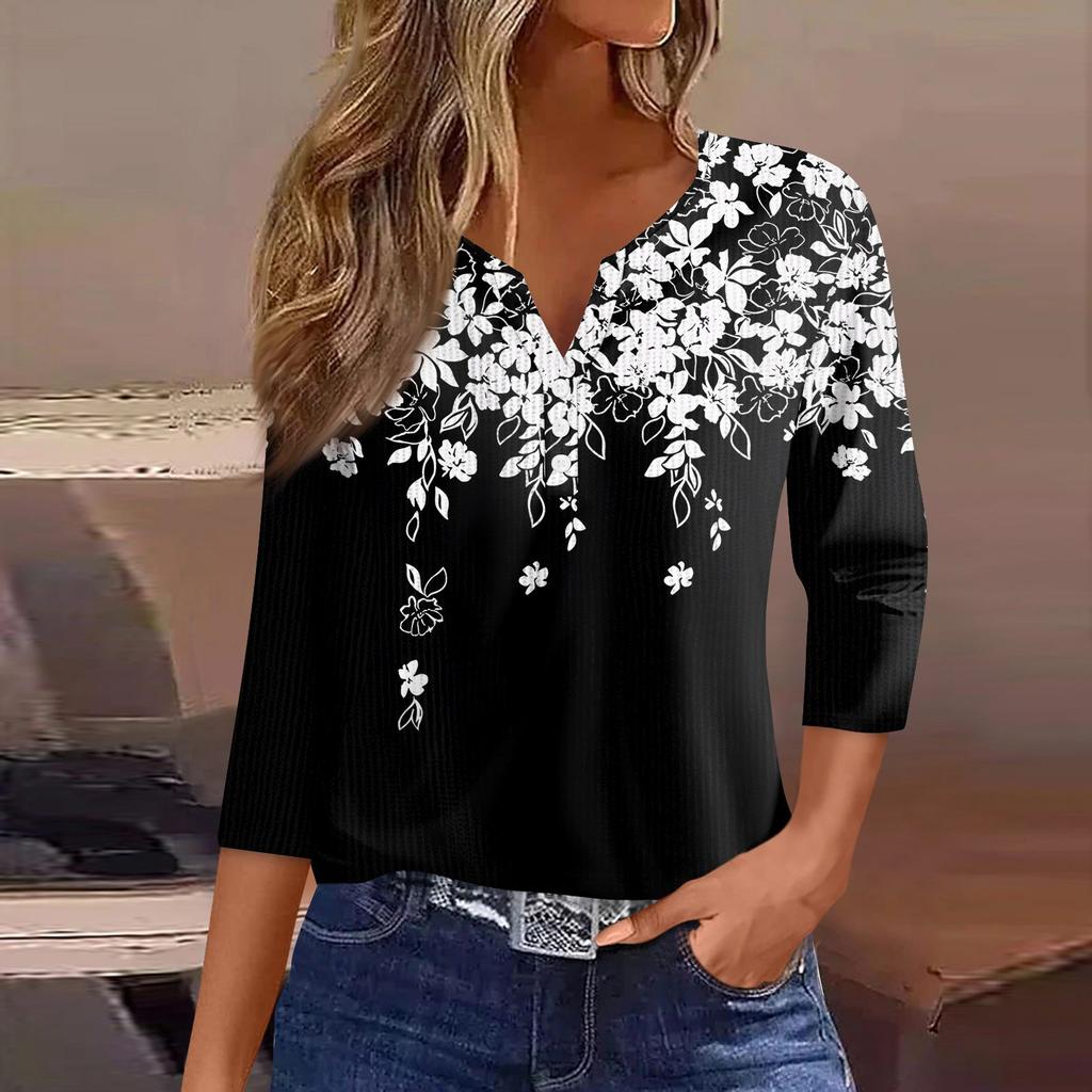 Женская футболка с принтом на пуговицах, рукав 3/4, вязаный свитер, повседневный, модный, на выходные, базовый, с V-образным вырезом, обычный топ