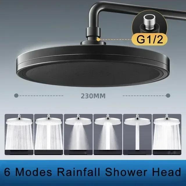 New 6 Modes Adjustable Large Rainfall Shower Head High-Pressure Water Saving Big Panel Top Spray Rain Showerhead 360° Swivel