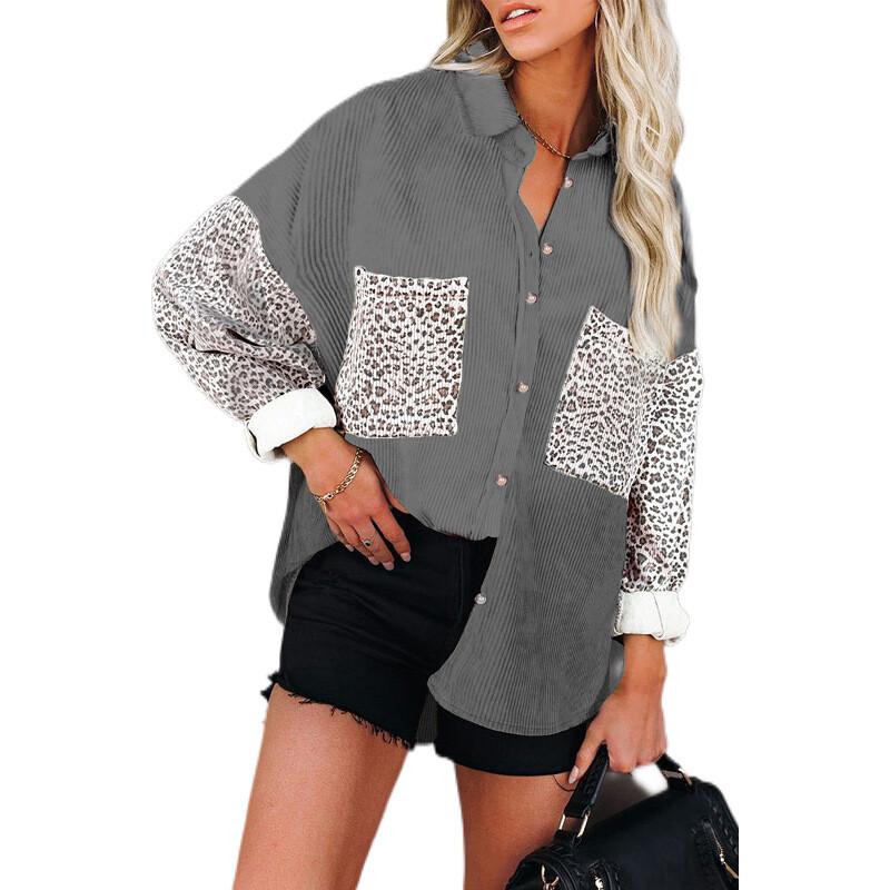 Winter Corduroy Coat Leopard Print Casual Lapel Buttoned Shirt Women Outerwear