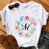 Floral Alphabet M Letter Print T-Shirt Women Summer Cute Top Female White Casual T Shirt Femme Graphic Tees Girls Tumblr Clothes