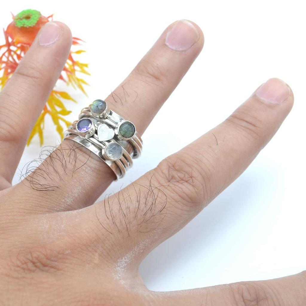 Серебро 925 пробы, кольцо с несколькими драгоценными камнями, кольцо-спиннер ручной работы, ювелирные изделия в стиле бохо, дизайнерское кольцо, эффектное кольцо. Спиннер-бэнд