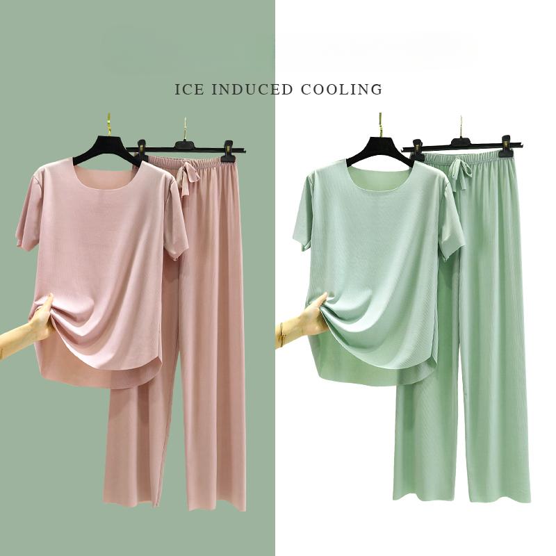 2025 Весна и лето Пижама из ледяного шелка, два предмета, короткие рукава, длинные брюки, цветной, большой размер, дышащий, одежда для отдыха, домашний костюм