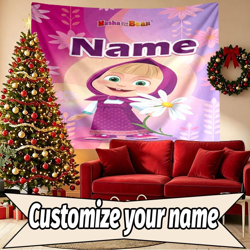 Custom Name Personalized Masha and the Bear Print Tapestry, Wall Art Decor, Bedroom, Dorm, Apartment, LivingRoom, Party Backdrop, Gift for Birthday