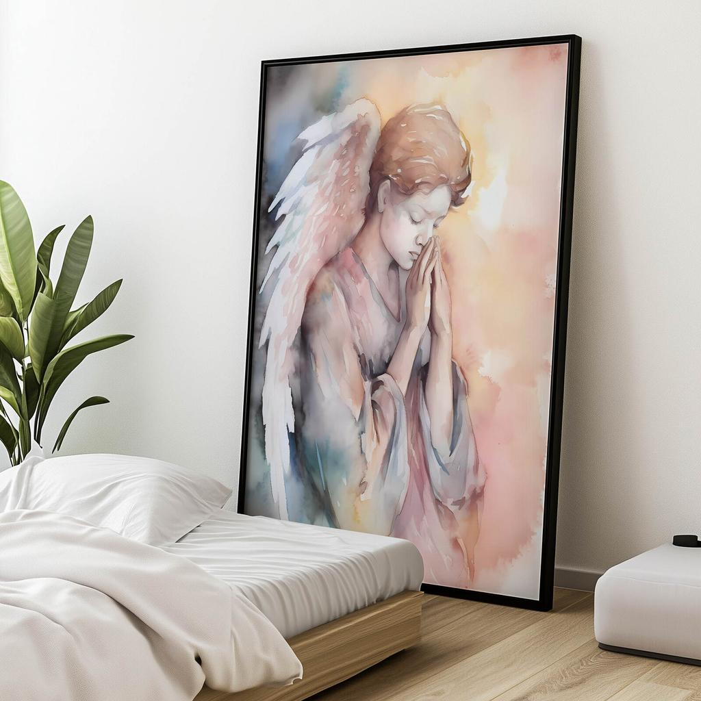 Modlący Się Anioł W Pastelowych Tonach Modlący Się Anioł W Pastelowych Tonach, 30X40 Cm, Rama Aluminiowa Złota, Papier Matowy 230 Gsm