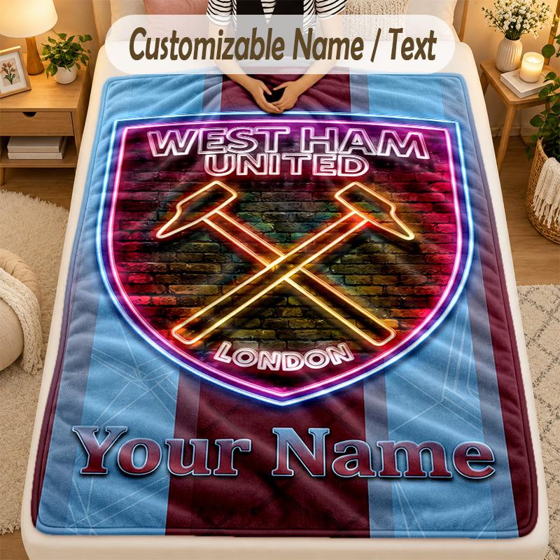 Flannel BlanketWest Ham United FC Custom Name Text Personalized Soft Warm Throw Blanket Home Decor Gift