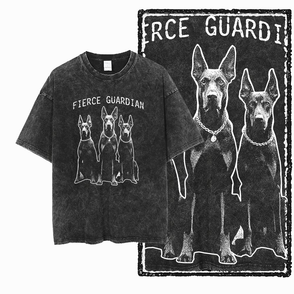 DoberUnisex Собака Винтажный Графический Принт Стирка Потертый Большой Размер Черный Хлопок Унисекс Ретро Футболка G