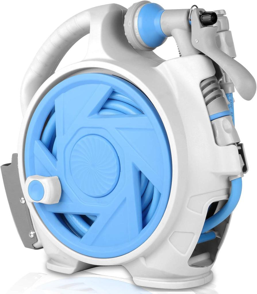 46FT Профессиональная садовая катушка для шланга, 7-режимная насадка, регулируемое настенное крепление, точная фиксация длины, водосберегающая конструкция для очистки газона и грядок