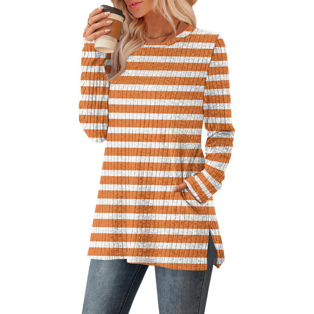 Women's Striped Printed Round-neck Long-sleeved Top With Pockets And Side Slits