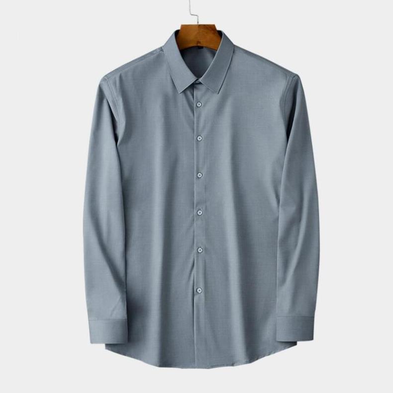 Однотонная мужская формальная рубашка из бамбукового волокна с длинным рукавом, удобная деловая посадка обычного кроя с передним карманом