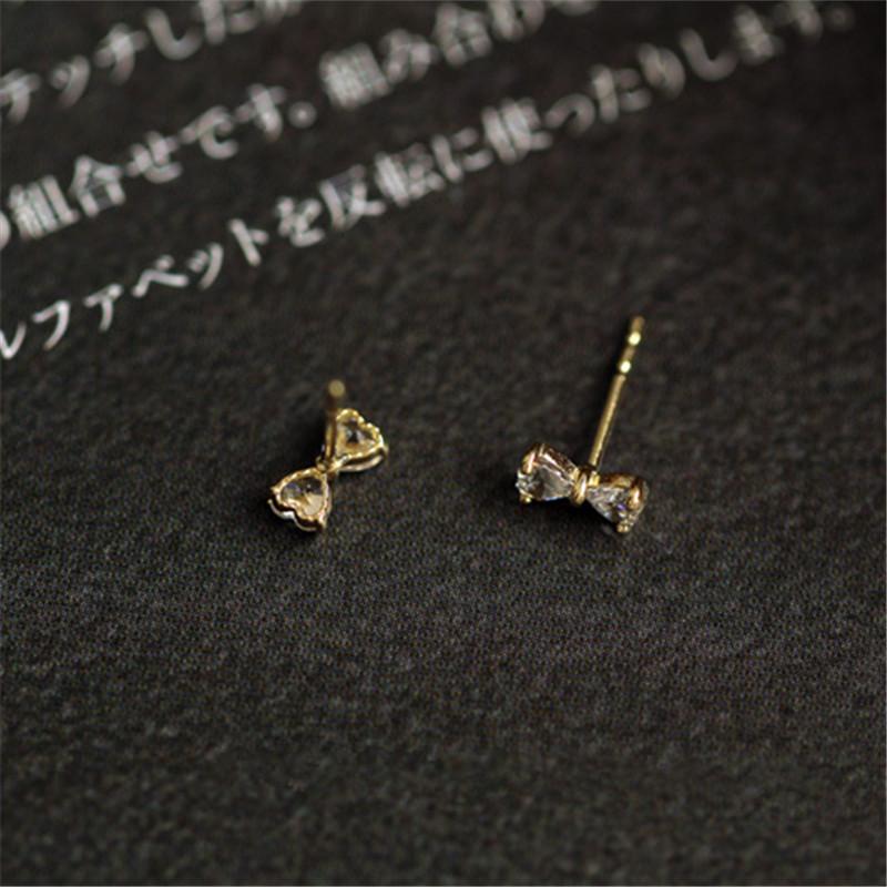 925 Sterling Silver Plating 14k Gold Inlaid Crystal Simple Bow Earrings Women Small Cute Student Girlfriends Jewelry Accessories