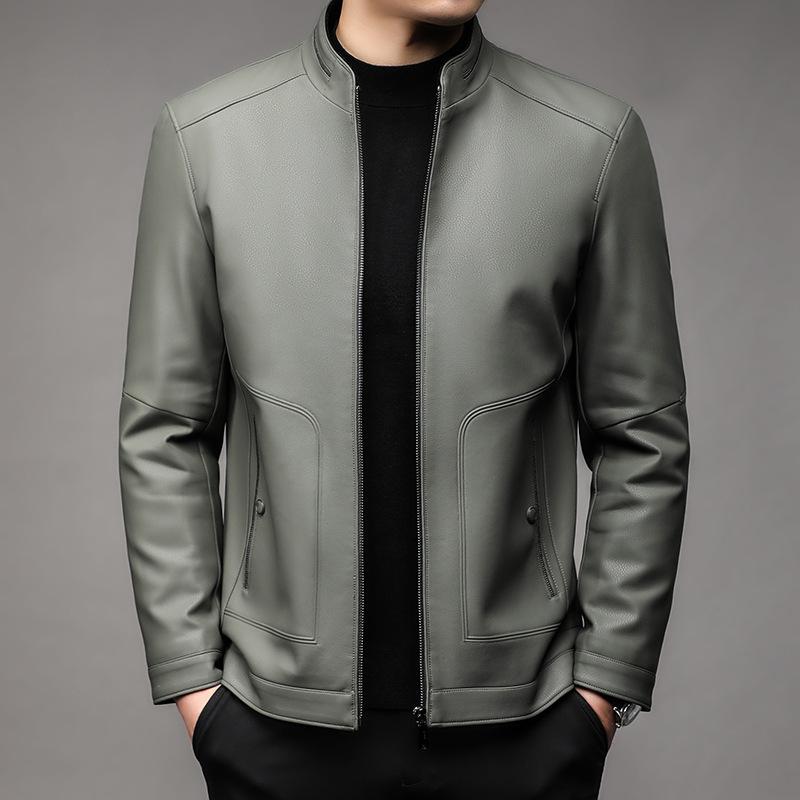 Мужская куртка из натуральной кожи, модная кожаная куртка для папы с воротником-стойкой, повседневная мужская куртка без необходимости глажки
