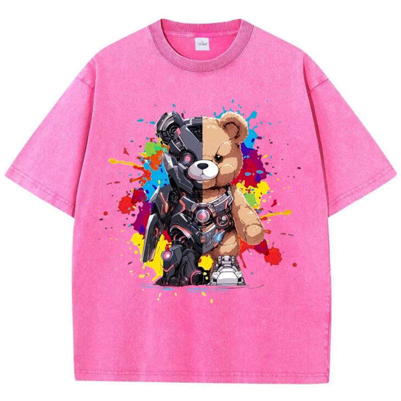 Женские хлопковые выстиранные футболки Модные свободные футболки с круглым вырезом и принтом медведя Меха-воина, с коротким рукавом, женская одежда