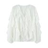 Womens V-Neck Layered Ruffle Pleated Blouse Loose Fit Street Style Long Sleeve Shirt In Solid Colors