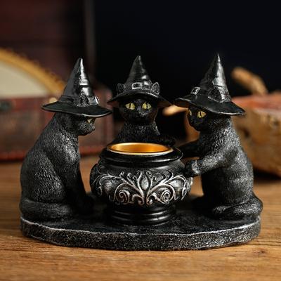 Yousheng Хэллоуин Подсвечник Черные кошки Готический Полимерная статуэтка кошки в шляпе ведьмы Подставка для чайной свечи для вечеринки в помещении Каминная полка Кофейный столик Центральный элемент