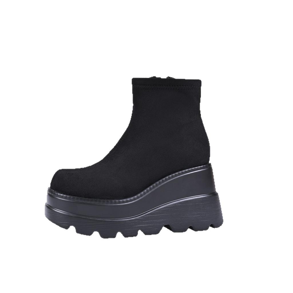 Comemore Suede Wedge Heel Ankle Boots Autumn Square Toe Chunky Platform Super High Heels Side Zip Boots Solid Black Short Botas