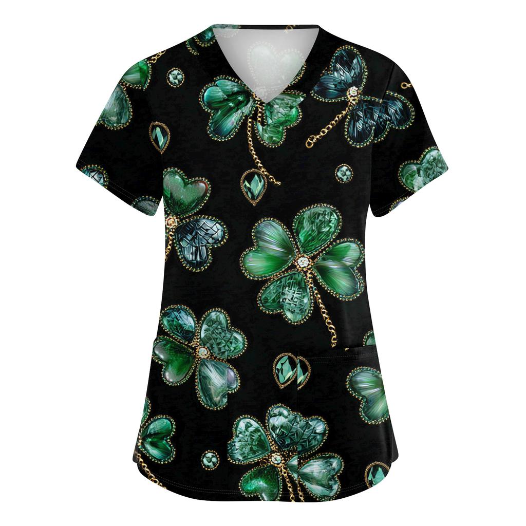 Ladies' St. Patrick Print Fashionable V-neck Pocket Short Sleeved Uniform And Caregiver Top