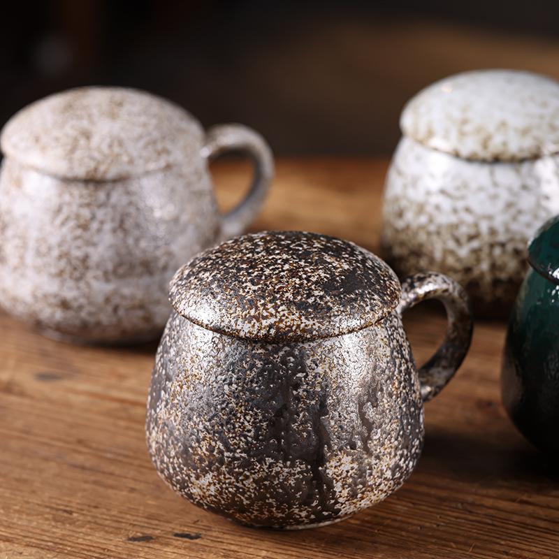 Coarse pottery mug with lid Large capacity 1000ml household water cup Ceramic office belly cup Coffee cup